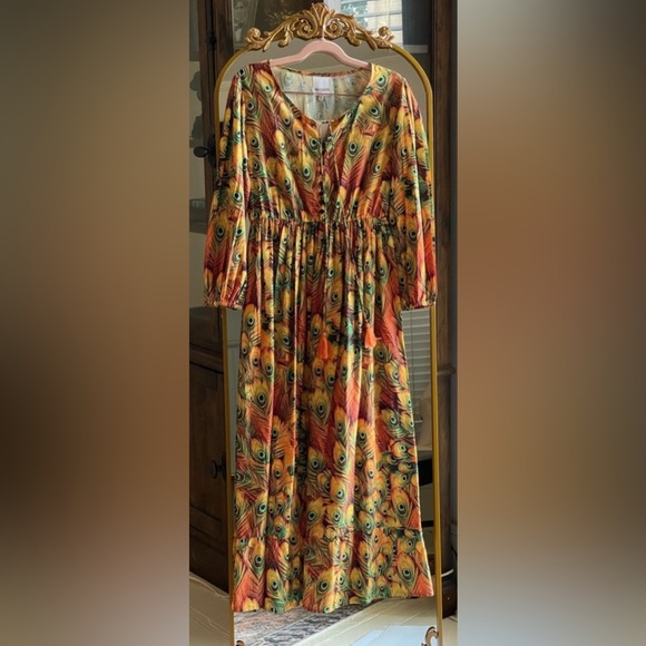 NWT Recente Sample Peacock Feather Print Boho Resort Dress with Tassels Small - Picture 1 of 7